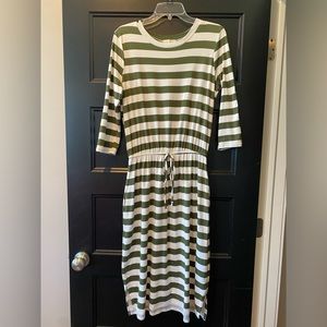 Reborn J olive green white striped quarter sleeve midi dress size small (6-8)